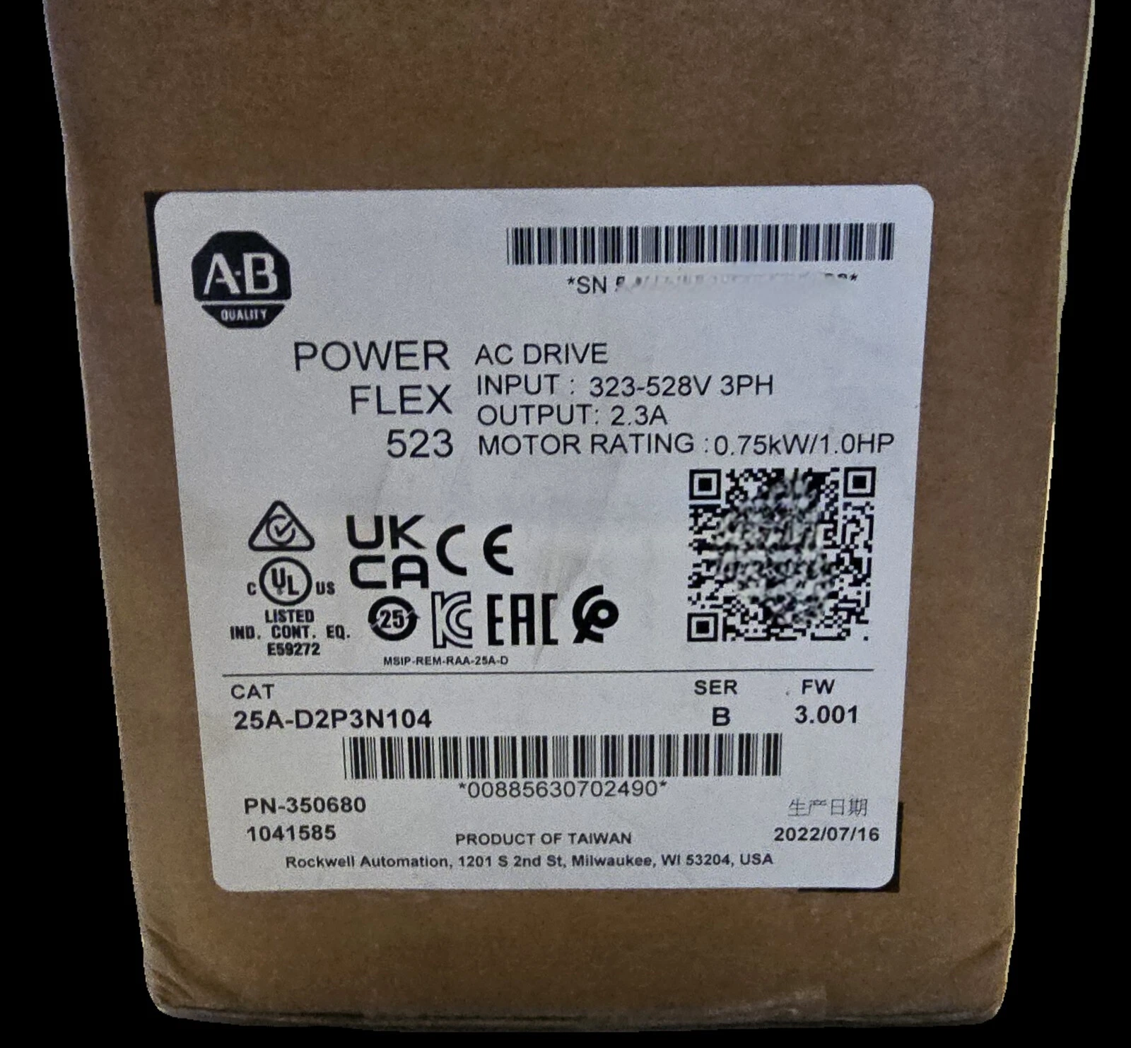 Allen-Bradley 25A-D2P3N104 PowerFlex 523 AC VS Drive 1 25A D2P3N104 1767752991479