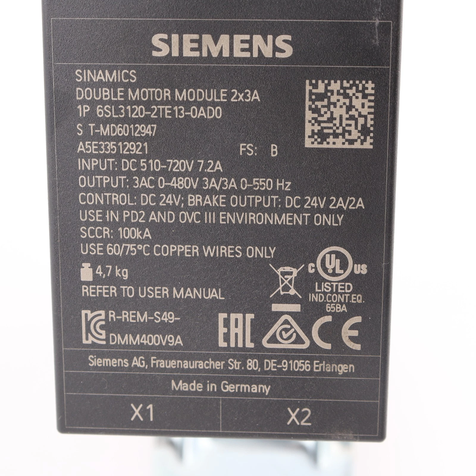 SIEMENS 6SL3120-2TE13-0AD0 S120 DOUBLE MOTOR MODULE 1 6SL3120 2TE13 0AD0 1773797698319