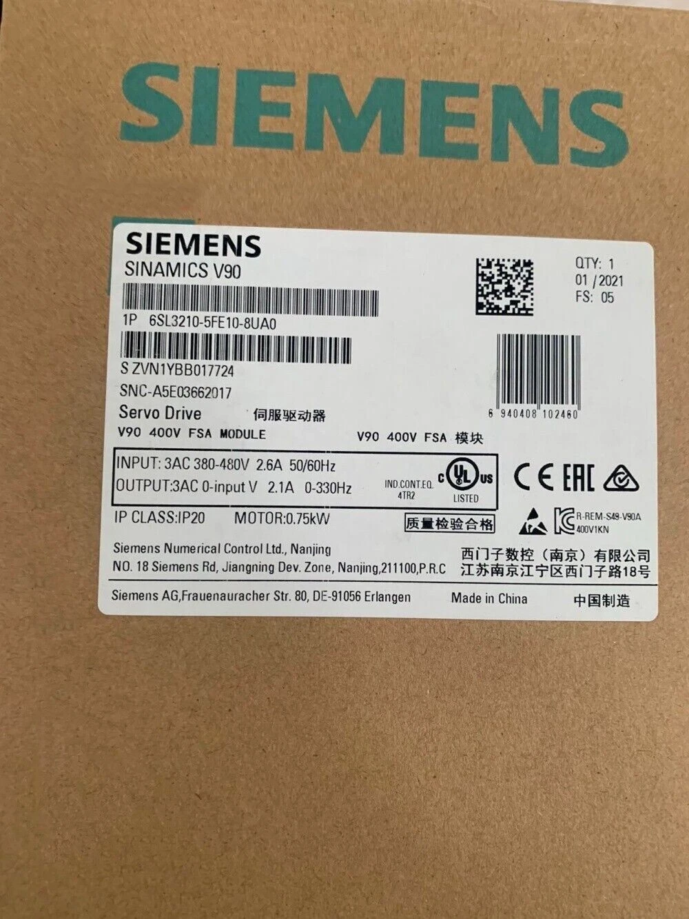 SIEMENS Inverter 6SL3210-5FE10-8UA0 1 6SL3210 5FE10 8UA0 1770167764605