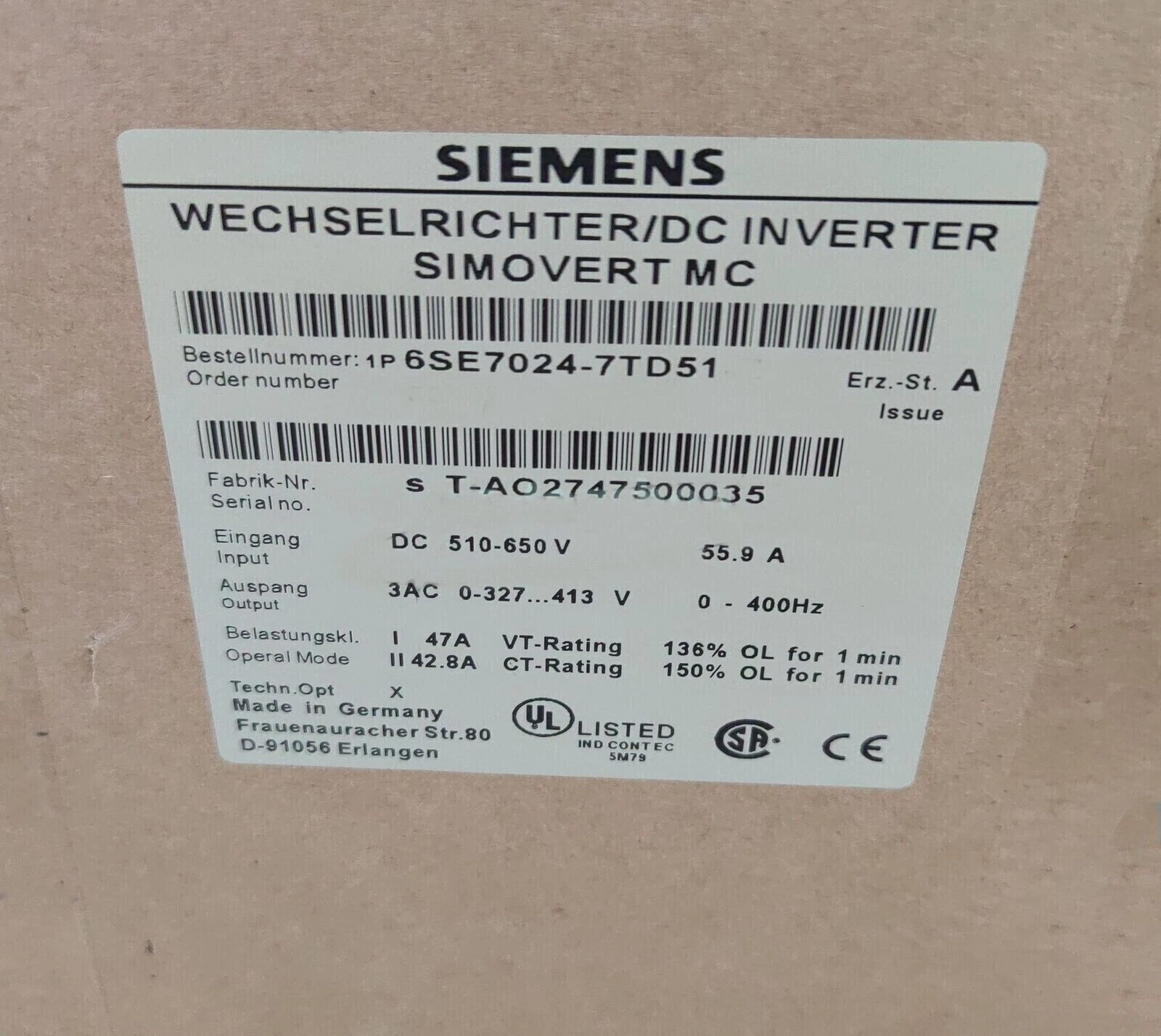 AC Drive Inverter Siemens 6SE7024-7TD51 for Motor Control