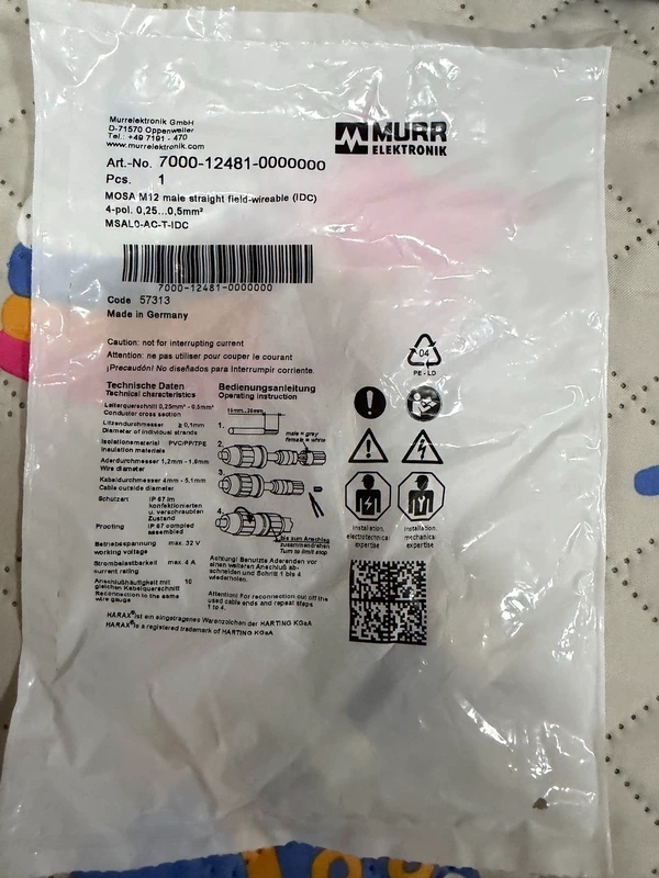 MURR 7000-12481-0000000 M12 Connector, 4-Pin Male