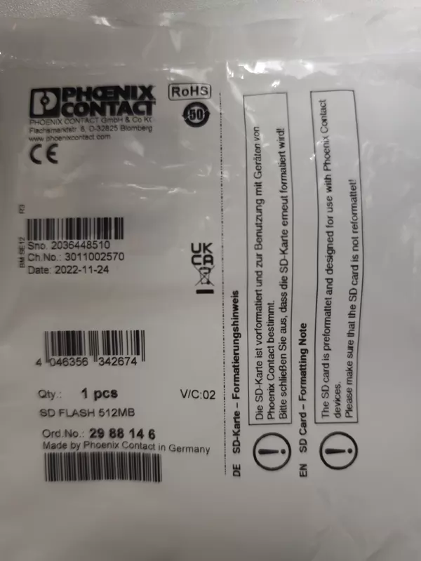 Phoenix Contact SD FLASH 512MB 2988146 SD Memory Card